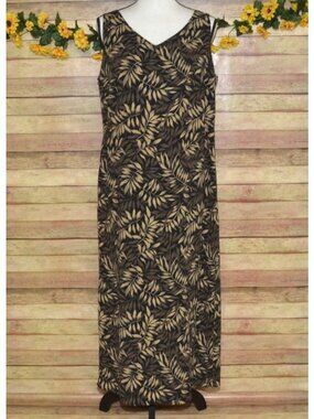 Vintage 90’s Y2K Studio I Black Brown All Over Leaf Print Maxi Dress Women’s 14P